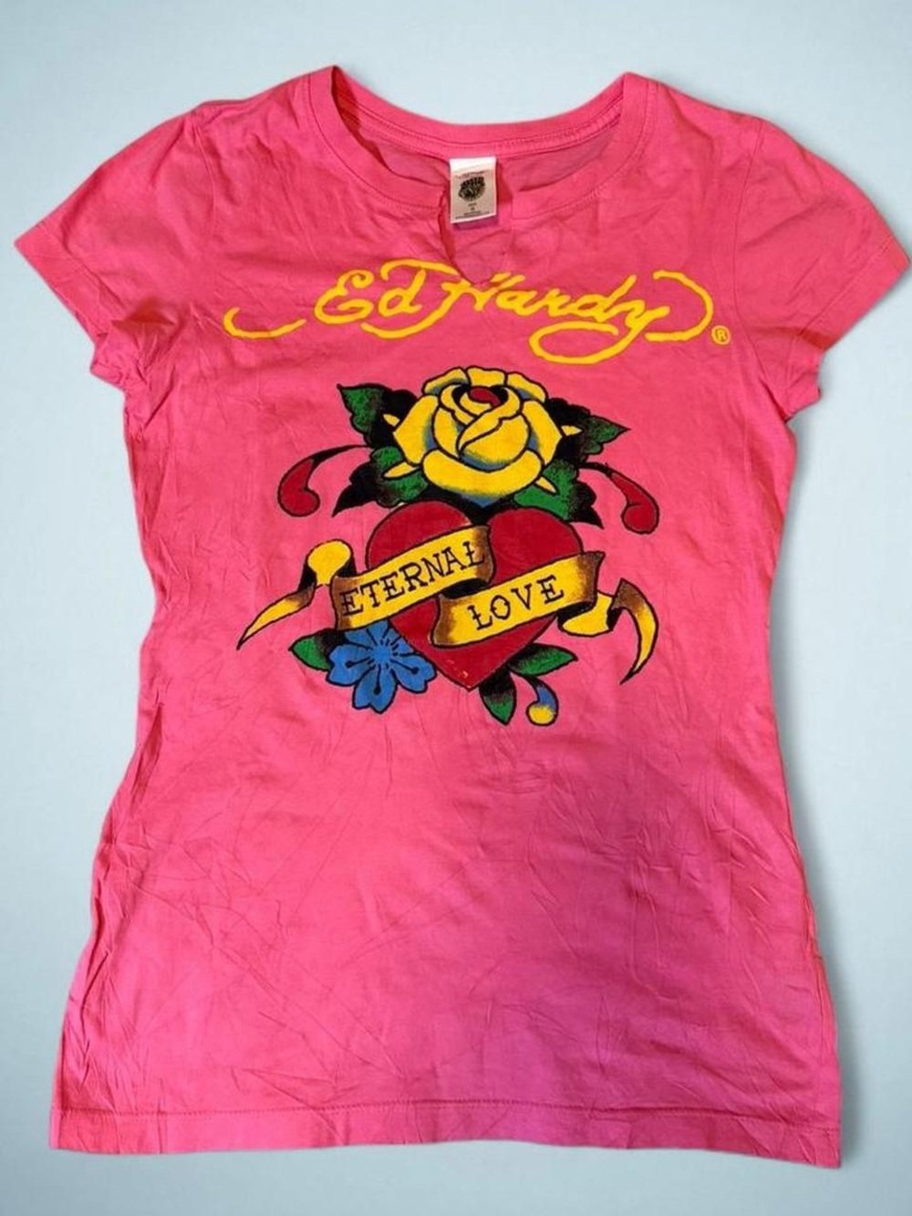 Ed Hardy Pink Graphic "Eternal Love" Tee with Yellow Rose